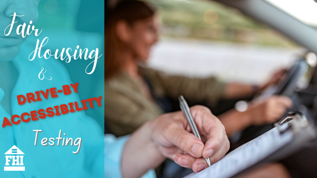 People driving in a car completing a fair housing drive by accessibility test.